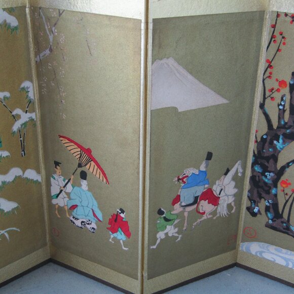 Vintage Japanese Miniature 4-Panel Folding Screen Tabletop Byōbu Art | Mt. Fuji - Picture 4 of 16